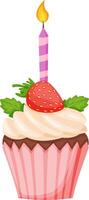 Pink cupcake with chocolate topping, decorated with whipped cream, fresh strawberry, mint leaves and lit birthday candle, isolated on white background vector