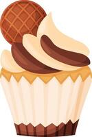 Creamy and rich chocolate and vanilla frosting swirls atop a freshly baked cupcake, garnished with a crispy waffle, creating a tempting treat for dessert lovers vector