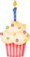 Creamy cupcake decorated with colorful sprinkles and a lit blue candle, perfect for celebrating a birthday or special occasion, bringing joy and sweetness to any celebration vector