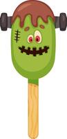 Fun and spooky Halloween popsicle featuring a friendly green monster face with stitched mouth, chocolate topping dripping down, and dark bolts on the sides, perfect for a chilling treat vector