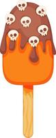 Cartoon style orange popsicle with melting chocolate topping decorated with small white skulls, celebrating Halloween festivities with a spooky treat vector