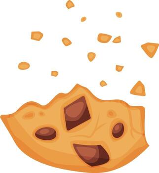 Crumbs flying off a freshly baked chocolate chip cookie, revealing the chunks of chocolate embedded within the golden dough, creating a tempting image for dessert lovers vector