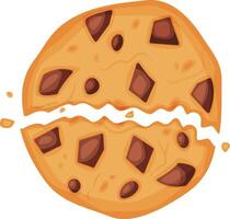 Large chocolate chip cookie is splitting in two, revealing a creamy white filling and scattering crumbs, a tempting treat for dessert lovers vector