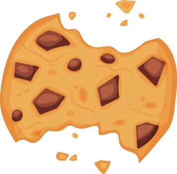 Chocolate chips are scattered across a partially eaten cookie, creating a tempting image of indulgence and satisfaction, with crumbs falling from the missing bites vector