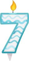 Number seven shaped birthday candle burning with a bright flame and decorated with a wavy blue pattern, perfect for seventh birthday celebrations and anniversary decorations vector