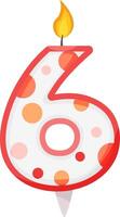Burning red number six candle with a vibrant yellow flame, adorned with playful pink and orange circles, perfectly celebrating a sixth birthday or anniversary event vector