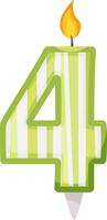 Green and white striped number four shaped candle, featuring a flickering flame on top, enhancing celebrations for fourth birthdays or anniversaries with a festive touch vector