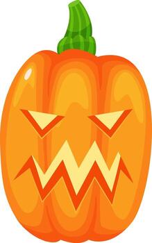 iluminado naranja Víspera de Todos los Santos calabaza presentando un tallado, de miedo cara con agudo dientes, coronado con un verde acechar, conjunto en contra un limpiar blanco fondo, creando un festivo otoño ambiente vector