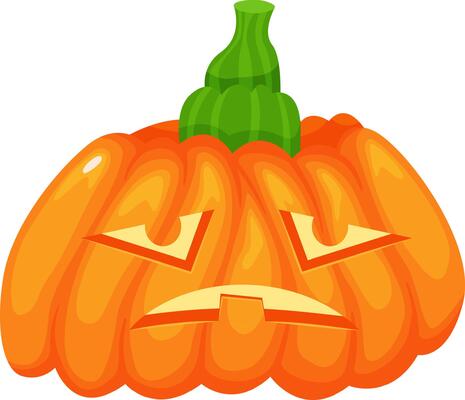 Grumpy carved pumpkin featuring a vibrant orange hue and a lively green stem, enhancing Halloween decorations and bringing a playful touch of spooky charm to autumn festivities