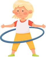 Happy blond child rotating blue hula hoop around waist, exercising and having fun, promoting active lifestyle and physical activity for children vector