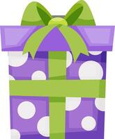 Wrapped purple gift box with white polka dots and a green ribbon tied in a bow, perfect for celebrations, birthdays, holidays, and special occasions, conveying a sense of joy, surprise, and giving vector