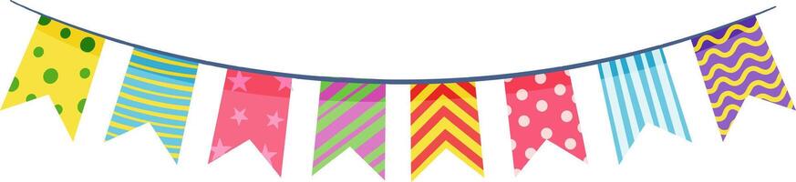 Vibrant pennants with various patterns and colors hanging on a string, creating a cheerful and festive atmosphere perfect for celebrations, parties, and joyful occasions vector