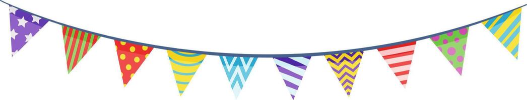 Colorful triangle flags featuring various patterns hang on a string, creating a vibrant and festive atmosphere perfect for celebrations, parties, and joyful events vector