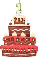 Three tiered chocolate birthday cake featuring rich red and white icing, topped with cherries and a glowing number one candle, marking a joyful first birthday celebration vector