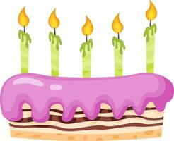 Five lit green candles sitting atop a rectangular birthday cake, adorned with pink frosting dripping down the sides, create a festive atmosphere perfect for celebrating special occasions vector