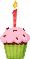 Single, freshly baked cupcake with pink frosting, chocolate chips and a single burning candle, perfect for celebrating a birthday or special occasion vector