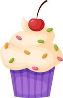 Creamy vanilla frosting swirls atop a purple wrapped cupcake, adorned with colorful sprinkles and a single, vibrant red cherry, creating a sweet and visually appealing treat vector