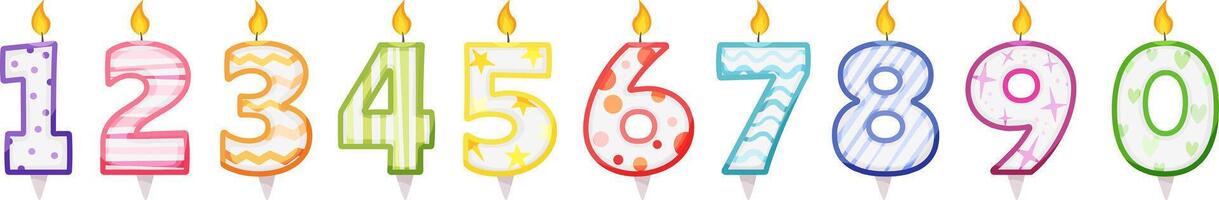 Ten colorful birthday candles representing numbers from zero to nine are burning with a bright flame, creating a festive atmosphere perfect for celebrating any age vector