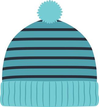 Knitted winter hat with horizontal stripes and ribbed brim providing warmth and style during cold weather, featuring a playful pompom on top, isolated on a white background vector