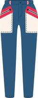 Comfortable blue cargo pants with big pockets, red details and white stitching featuring a casual and modern design, perfect for everyday wear or outdoor activities vector