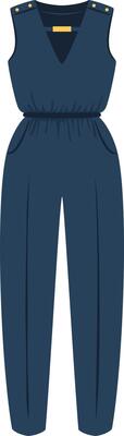 Blue jumpsuit featuring a deep V neck accentuated by a golden detail, creating a sophisticated and fashionable look, perfect for various occasions