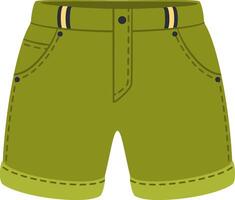 Stylish green casual shorts featuring rolled up cuffs, belt loops, and pockets, offering a comfortable button closure and perfecting a relaxed summer outfit for any occasion vector