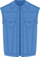 Classic blue denim vest featuring a button up front, two chest pockets with button closures, and stylish stitching details, offering a timeless and versatile wardrobe staple vector