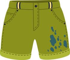 Green denim shorts featuring blue stains, rolled up cuffs, and a secure button and belt loop closure, providing a stylish and casual look perfect for summer outings and relaxed weekends vector