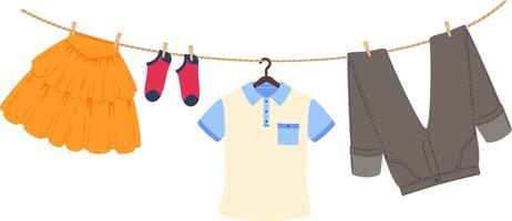 Clothesline with hanging clothes drying after washing, including trousers, skirt, socks and polo shirt, isolated illustration on white background vector