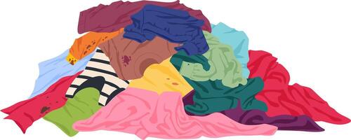 Large pile of dirty clothes, stained and unwashed, creating a colorful mountain of laundry, representing the ongoing challenges of housework and daily chores in domestic life vector