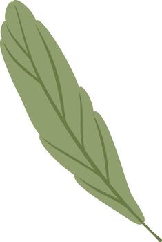 Minimalist illustration of a single green leaf with a prominent central vein and jagged edges, falling diagonally against a white background, creating a simple yet elegant natural element vector