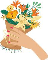 Woman's hand with red nail polish is holding a bouquet of yellow and orange flowers. Such as lilies and daisies. Wrapped in brown paper and tied with a string. Creating a cheerful and vibrant image vector