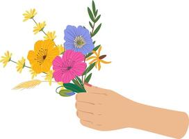 Hand holding a bouquet of colorful wildflowers including pink, yellow, and blue blossoms with green leaves and stems, celebrating the beauty of spring vector