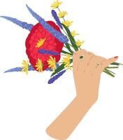 Woman hand with light skin and pink nail polish holding colorful bouquet of flowers with red dahlia, yellow daisy and blue lavender, isolated illustration on white background vector