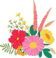 Colorful bouquet of wildflowers including pink cosmos, yellow and orange daisy, wheat and green leaves is blooming on white background creating a cheerful and vibrant atmosphere vector