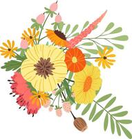 Beautiful bouquet with colorful flowers including yellow and orange petals and green leaves blooming in spring, perfect for wedding invitations, greeting cards or any other design project vector