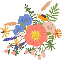 Lush bouquet of wildflowers including lavender, daisies, sunflowers, and flax, creating a vibrant and cheerful arrangement celebrating the beauty of nature vector