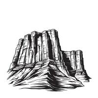 Black and white hand drawn illustration of a majestic cliffside and mountain landscape vector