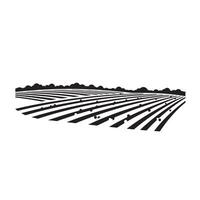 Black and white illustration of a farm field with rows of crops and trees vector