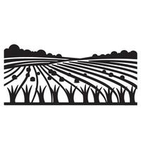 Black and white illustration of a farm field landscape with crops and clouds above vector