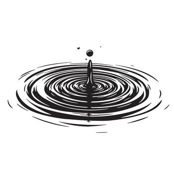 Monochrome illustration of a water drop creating ripples and circular wave patterns vector