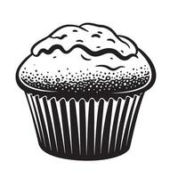 Black and white cupcake illustration with wavy top and dotted texture muffin baked good vector