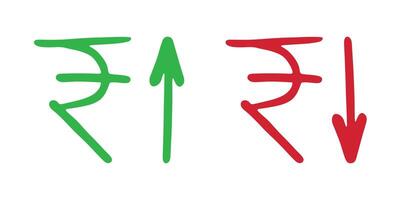 Hand drawn rupee currency symbol Growth and fall profit with arrow up and down Brush stroke doodle Element for design vector