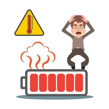 Man is running away from a burning battery on white background. The concept of poor battery quality. vector