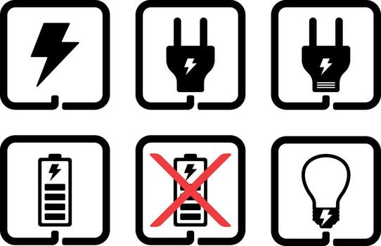 Black and white icon set including electric plug, battery with lightning, light bulb and crossed-out battery symbol, all in square frames, without background vector