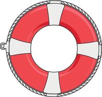 Color icon of red and white lifebuoy with rope, used for water rescue and safety, circular shape, top view, no background vector