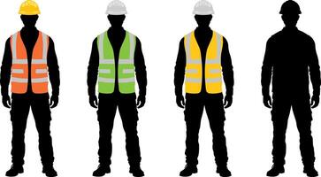 Set of four black silhouettes of construction workers in colored safety vests with reflective stripes and helmets, including orange, yellow, lime green, and black and white version, no background vector