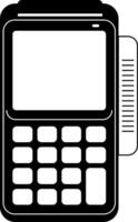 Black icon of electronic payment terminal with screen and keypad, used for contactless or card payments in retail or business, no background vector