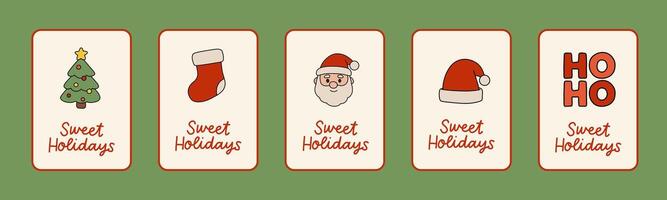 Festive horizontal banner with five cute Sweet Holidays cards Christmas tree, stocking, Santa, hat, and HO HO HO lettering. Perfect for seasonal promotions, stickers, or web headers vector