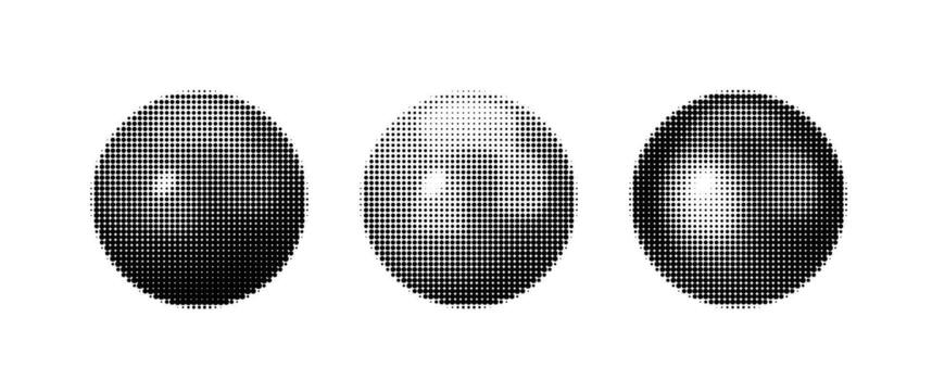 Halftone sphere illustration featuring three abstract dotted circles. Perfect for retro, pop art, and graphic design projects. Trendy, minimalist black and white design. vector